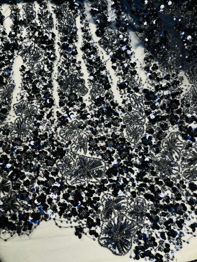 225688667.68 پارچه سنگ دوزی Navy Crystal Vein Beaded Tulle - Image 1