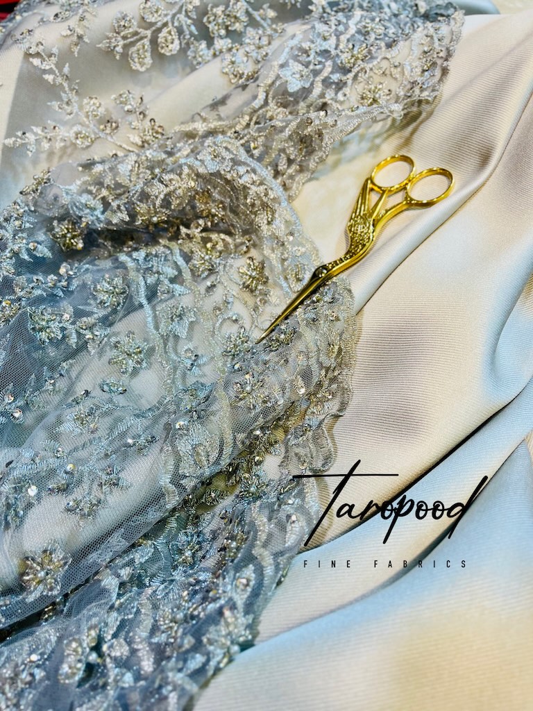 31256075 $38.74 - 115730 $23.06 پارچه سنگ دوزی Silver Down Blossom-Field Beaded Lace - Image 1