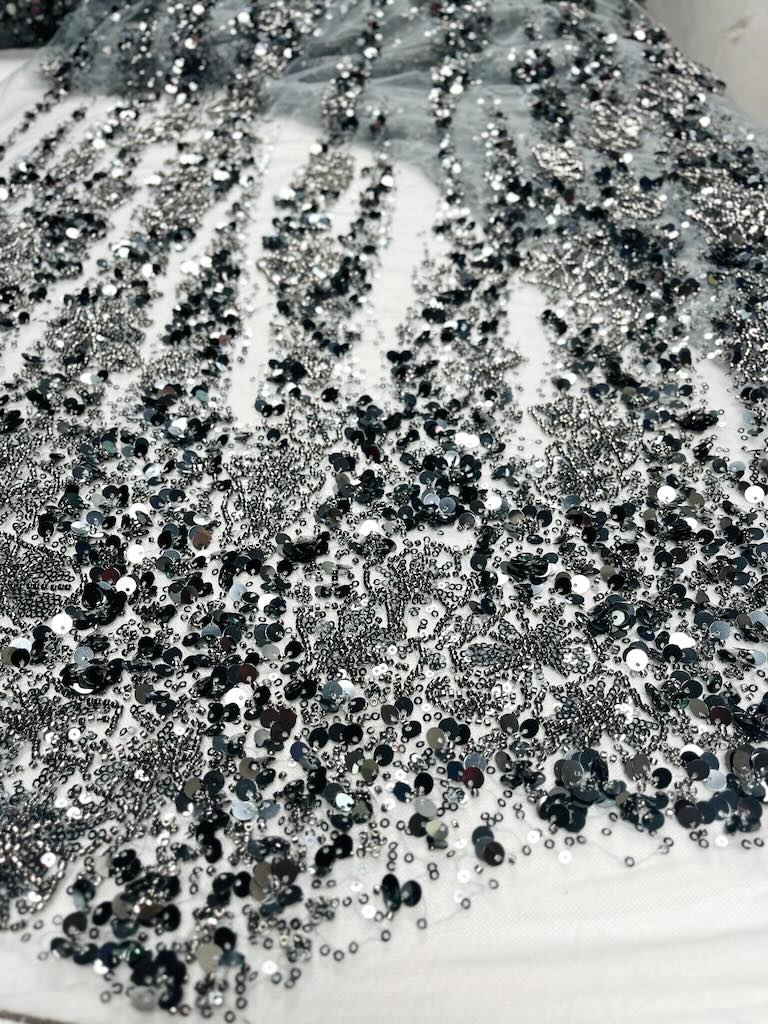 482256887 a پارچه سنگ دوزی Silver Crystal Vein Beaded Tulle - Image 1