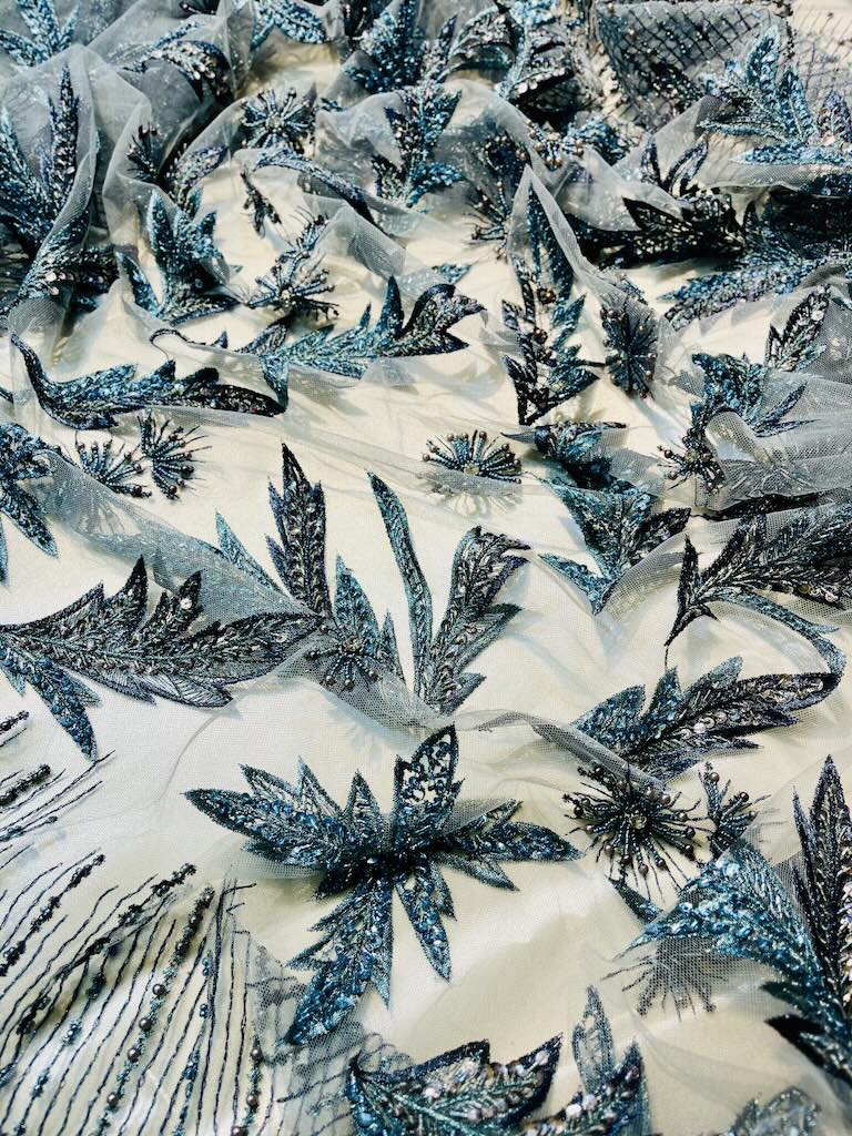 3125610553.46Beaded Leaf Cascade - Sky-Blue Tinted Emerald پارچه سنگ دوزی Beaded Leaf Cascade - Sky-Blue Tinted Emerald Shade - Image 1