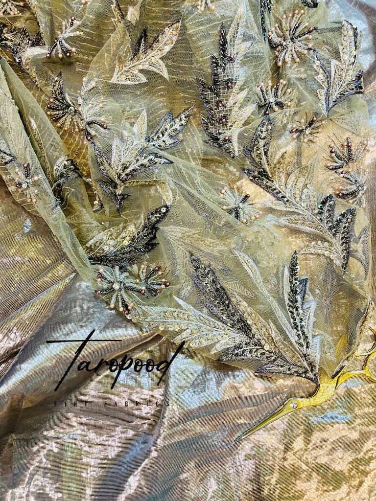 31256107 $53.46 - 115744 $6.95 پارچه سنگ دوزی Beaded Leaf Cascade - Olive Shade - Image 1